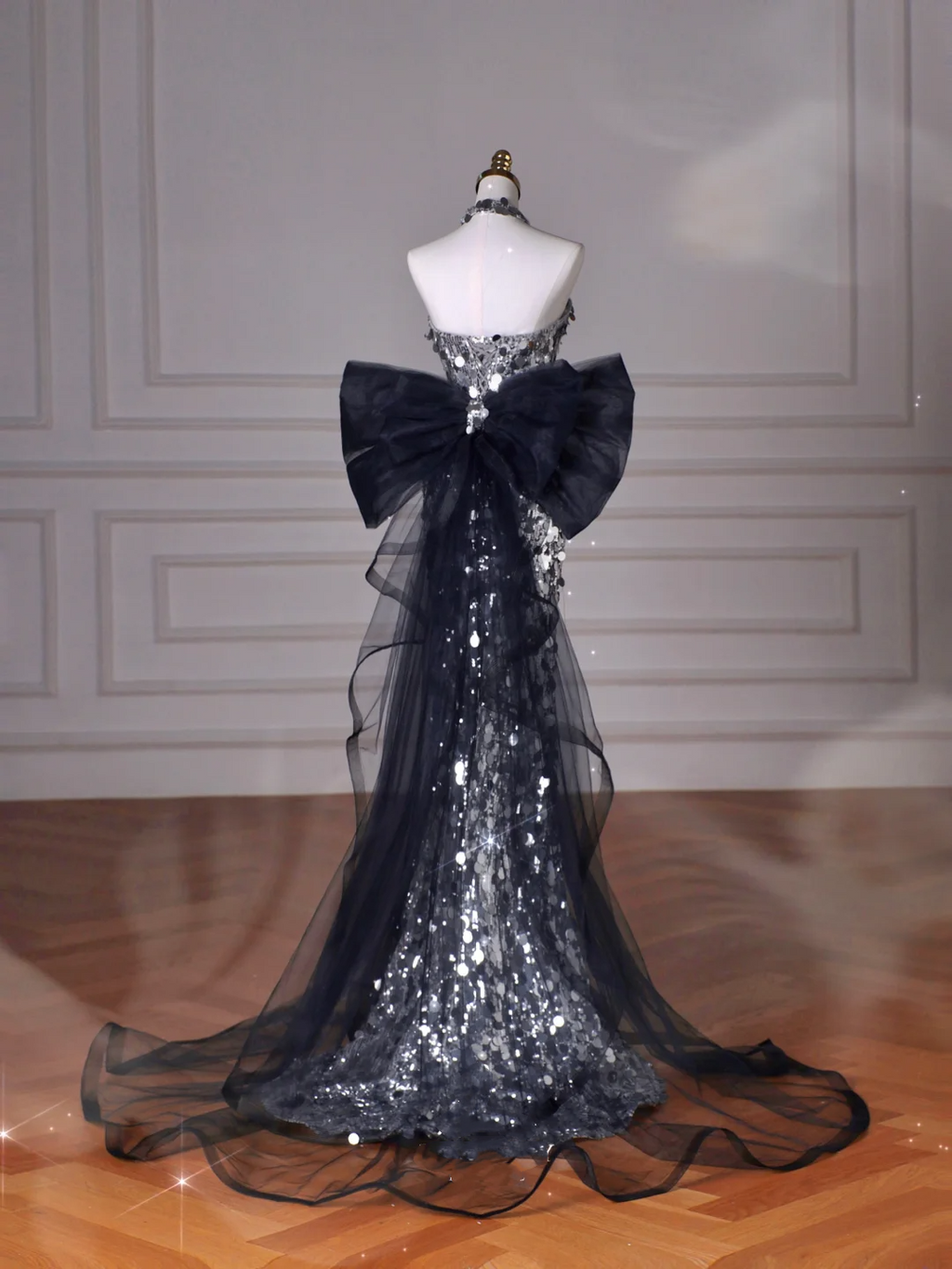Vestido de fiesta de sirena de tul con lentejuelas y purpurina negra, sin tirantes y con lazo Y8615