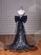 Vestido de fiesta de sirena de tul con lentejuelas y purpurina negra, sin tirantes y con lazo Y8615