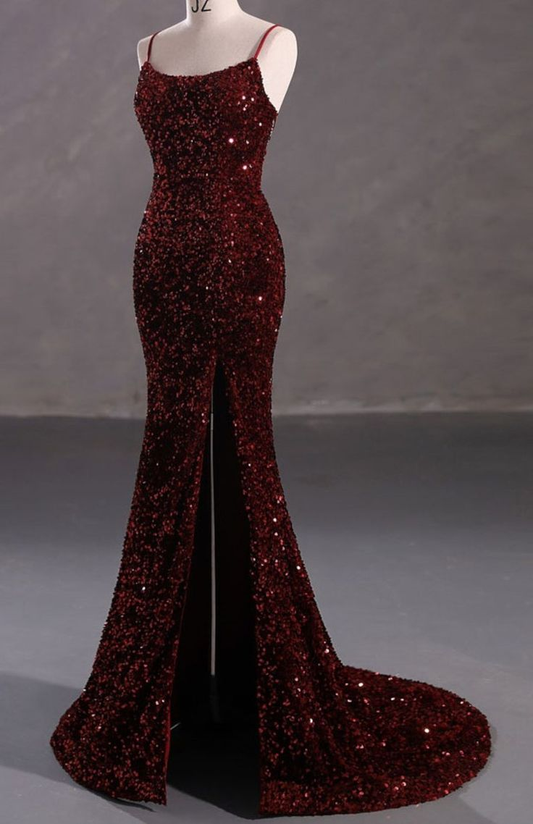 Vestido de noche formal de graduación con espalda abierta y brillo burdeos Y4164