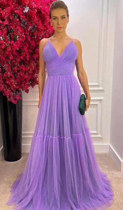 A-Linie V-Ausschnitt Lila Tüll Ballkleid Lila Abendkleid Y6168