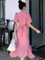 Vestido de fiesta rosa elegante con mangas abullonadas y largo medio, vestido de noche rosa Y7113