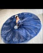 Vestido de quinceañera azul marino con encaje de tul y hombros descubiertos, vestido de fiesta azul marino para quinceañeras Y2985
