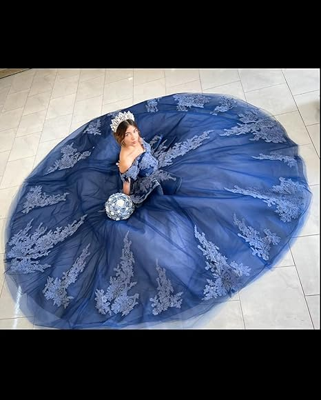 Vestido de quinceañera azul marino con encaje de tul y hombros descubiertos, vestido de fiesta azul marino para quinceañeras Y2985