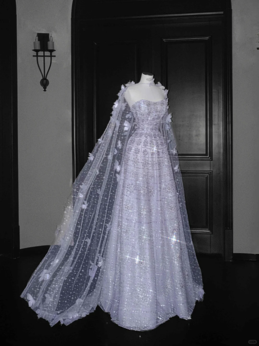 Vestido de noche formal de tul lila con apliques de cuentas, corte A, Y8657