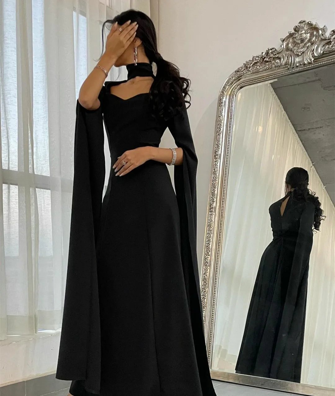 Elegante vestido de noche largo de crepé negro con escote corazón y cuello alto, largo hasta el suelo, Y4853