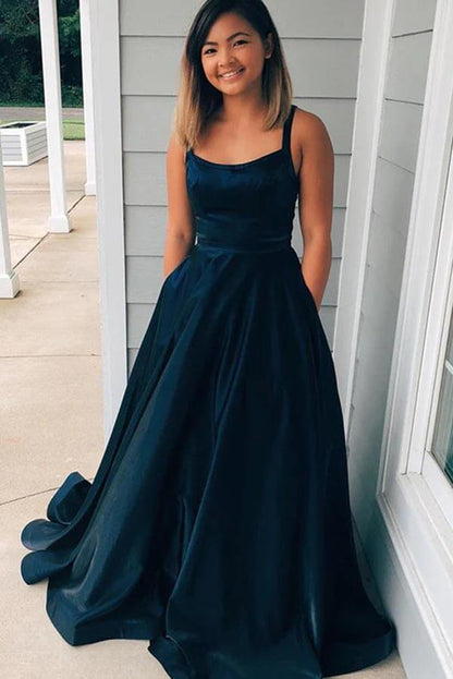 Taffeta A-line Scoop Spaghetti Straps Long Prom Dresses With Pockets