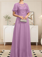 Vestido de gasa con encaje y lentejuelas para madre de la novia, corte A, escote ilusión, largo hasta el suelo