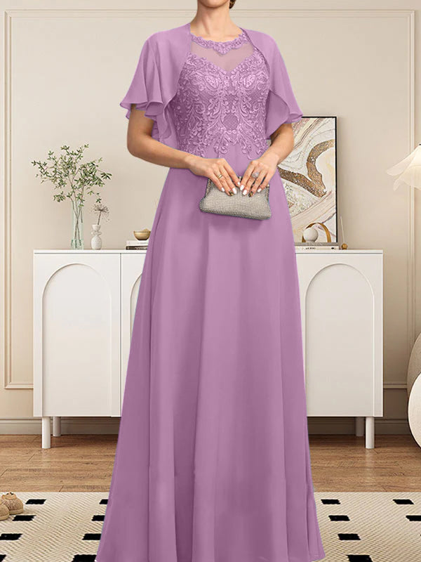 Vestido de gasa con encaje y lentejuelas para madre de la novia, corte A, escote ilusión, largo hasta el suelo