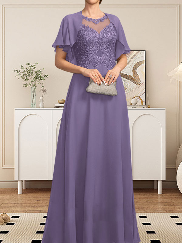 Vestido de gasa con encaje y lentejuelas para madre de la novia, corte A, escote ilusión, largo hasta el suelo