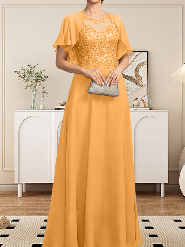 Vestido de gasa con encaje y lentejuelas para madre de la novia, corte A, escote ilusión, largo hasta el suelo