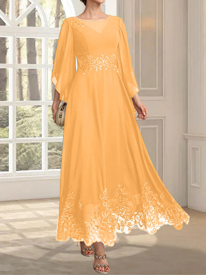 A-line Scoop Illusion Ankle-Length Lace Chiffon Mother of the Bride Dress With Sequins