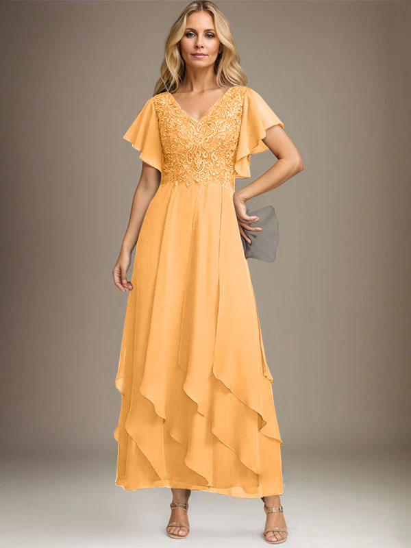 Vestido de gasa con encaje y escote en V hasta los tobillos para madre de la novia con volantes en cascada