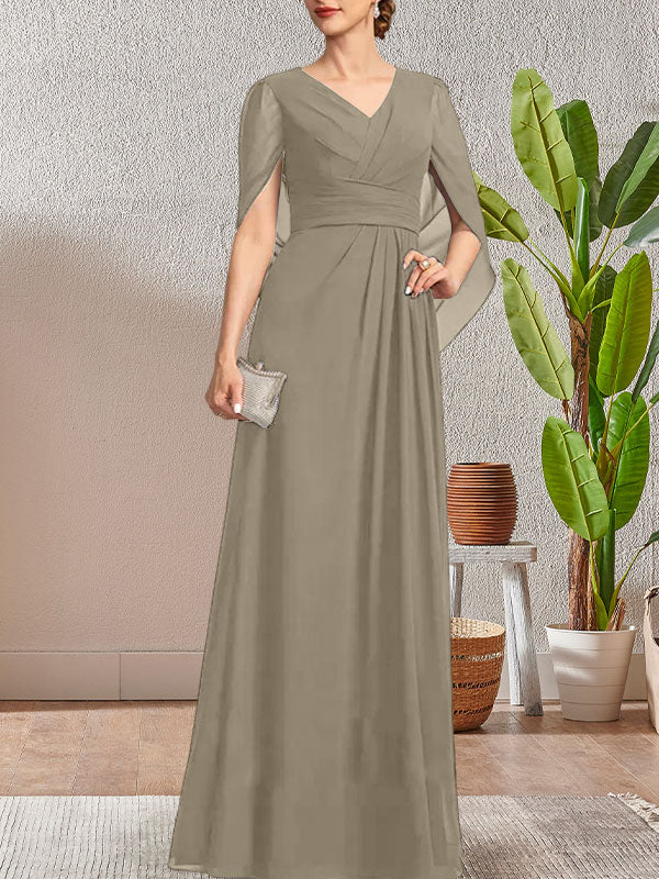 Vestido largo azul marino oscuro con escote en V y corte A para madre de la novia