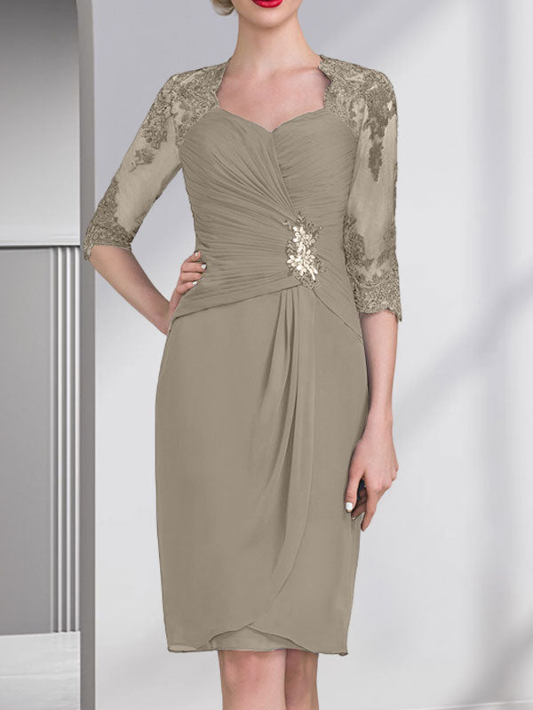 Vestido de gasa para madre de la novia con escote corazón, largo hasta la rodilla, con apliques de cuentas, encaje y lentejuelas plisado.