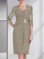 Vestido de gasa para madre de la novia con escote corazón, largo hasta la rodilla, con apliques de cuentas, encaje y lentejuelas plisado.