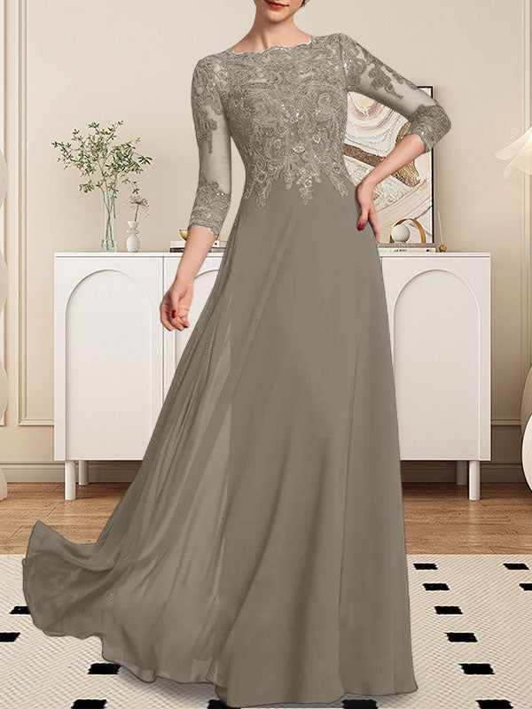 Vestido de gasa con encaje y lentejuelas para madre de la novia, corte A, largo hasta el suelo
