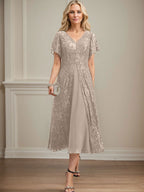 A-Linie V-Ausschnitt Wadenlanges Chiffon-Kleid für die Brautmutter 