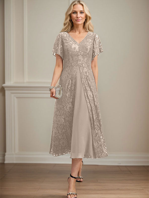 Vestido de gasa con encaje y escote en V para madre de la novia, largo hasta la rodilla