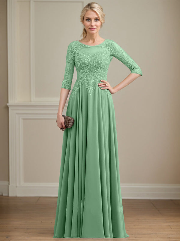 Vestido de gasa con encaje y lentejuelas para madre de la novia, corte A, escote ilusión, largo hasta el suelo