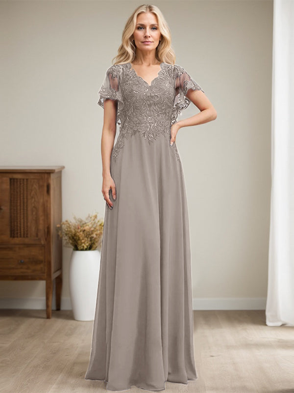 A-Linie V-Ausschnitt Bodenlanges Spitzenchiffonkleid für die Brautmutter mit Pailletten 