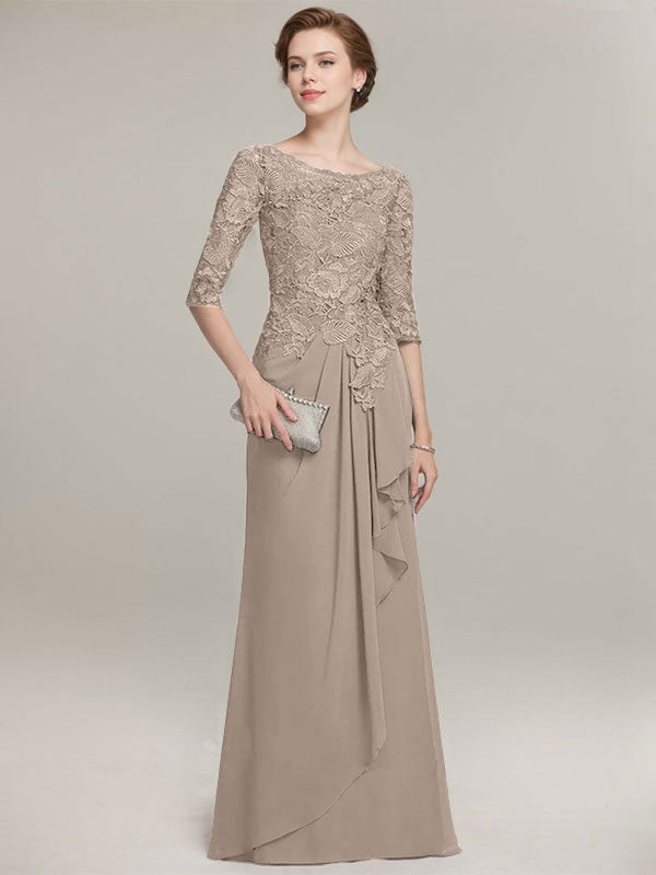 Vestido de gasa con encaje, corte A, escote ilusión, largo hasta el suelo, para madre de la novia con volantes en cascada