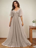 Vestido de gasa para madre de la novia, corte A, escote en V, largo hasta el suelo, con apliques de lentejuelas y encaje plisado