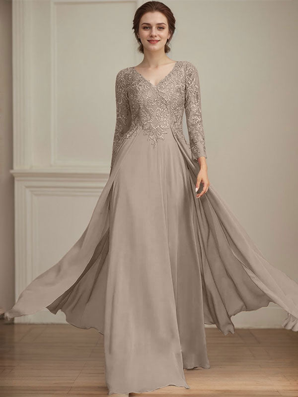 Vestido de madre de la novia de gasa con encaje, escote en V y lentejuelas, largo hasta el suelo