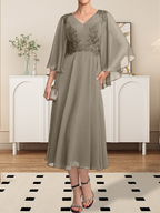 A-Linie V-Ausschnitt Wadenlanges Chiffon-Spitzenkleid für die Brautmutter mit Perlen und Pailletten