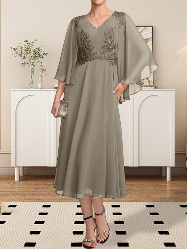 Vestido de gasa con encaje y escote en V para madre de la novia, largo hasta la rodilla, con lentejuelas y abalorios