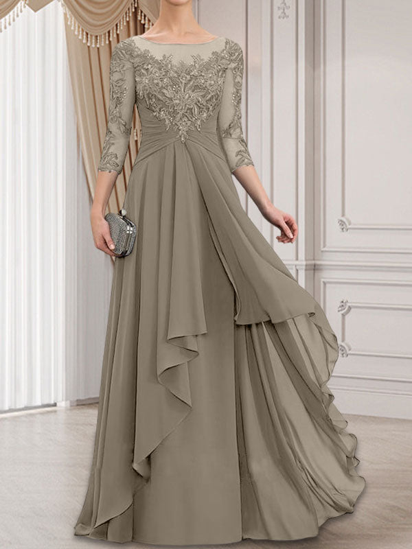 Vestido de gasa con encaje, corte A, escote ilusión, largo hasta el suelo, para madre de la novia con volantes en cascada