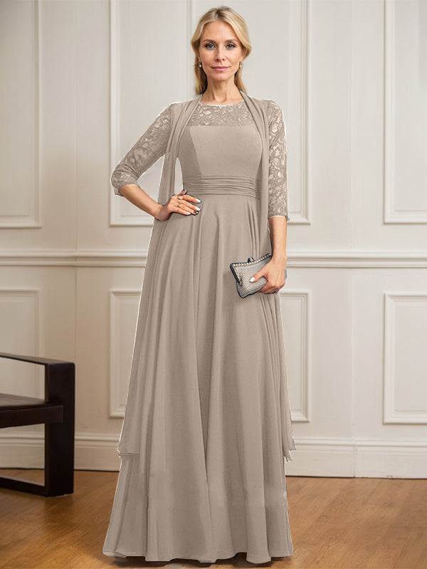 Vestido de gasa de encaje con ilusión de corte A hasta el suelo para madre de la novia con pliegues