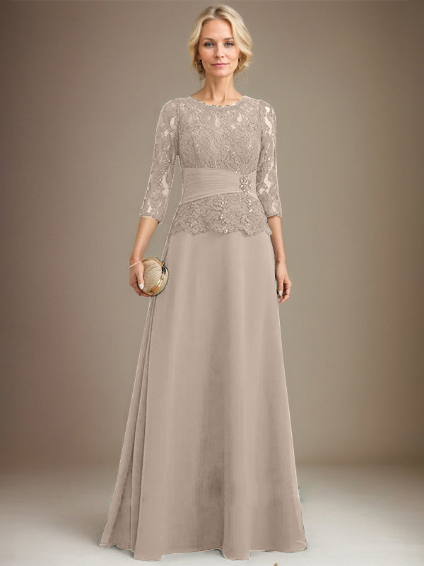 Vestido de gasa con encaje, corte A, ilusión, largo hasta el suelo, para madre de la novia, con lentejuelas plisadas y abalorios