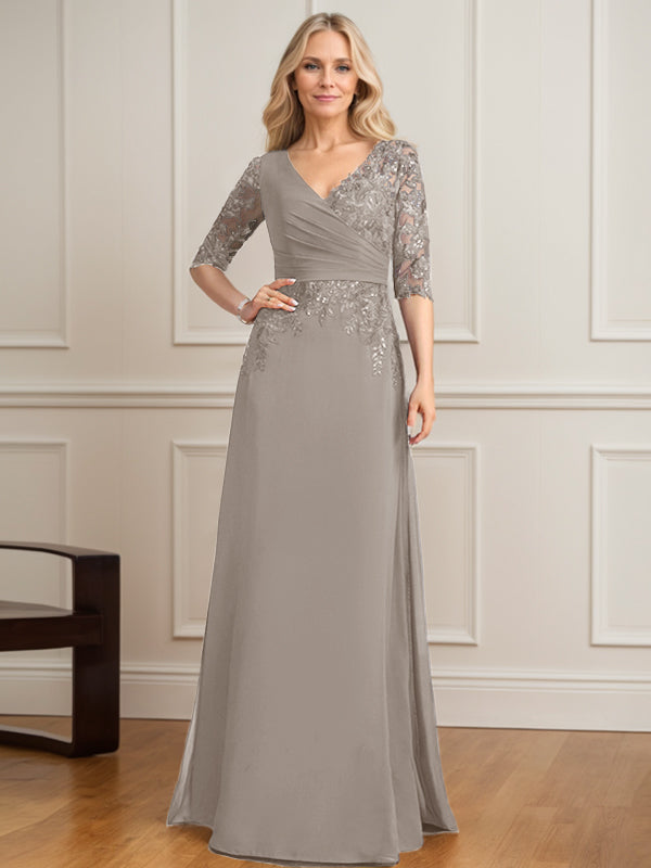 Vestido de madre de la novia de gasa con encaje, escote en V y lentejuelas plisadas hasta el suelo