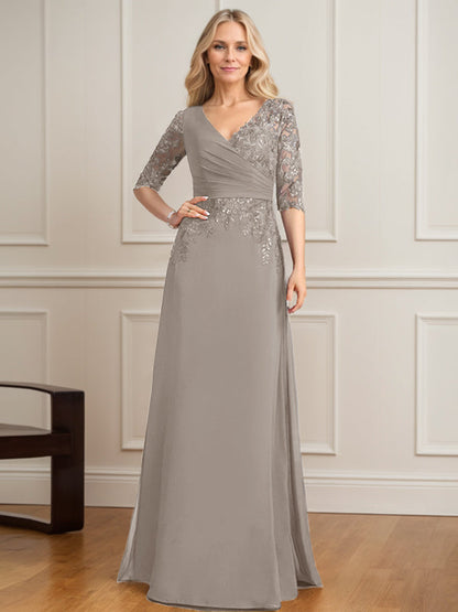 A-Linien-Kleid mit V-Ausschnitt, bodenlangem Spitzenchiffon und plissierten Pailletten 