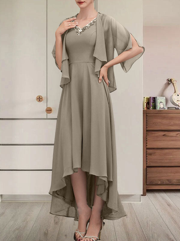 A-Linien-Kleid mit V-Ausschnitt, asymmetrischem Chiffon für die Brautmutter mit Perlen und Pailletten