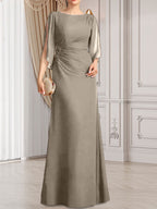 Vestido de gasa para madre de la novia con corte tubo/columna, escote redondo y largo hasta el suelo, con cuentas plisadas