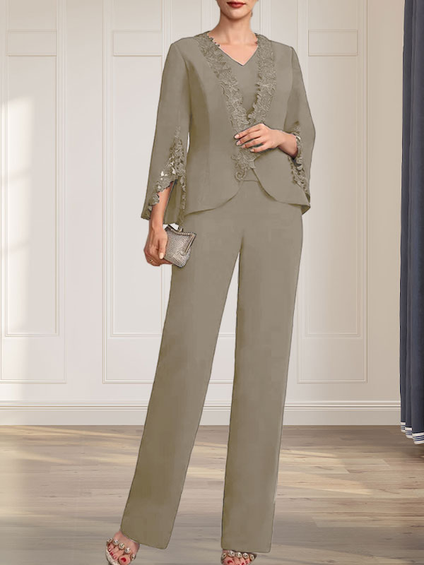 Vestido de gasa para madre de la novia, con escote en V y largo hasta el suelo, de mono/pantalón separado
