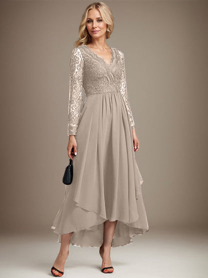 A-Linie V-Ausschnitt Asymmetrisches Chiffonkleid für die Brautmutter 