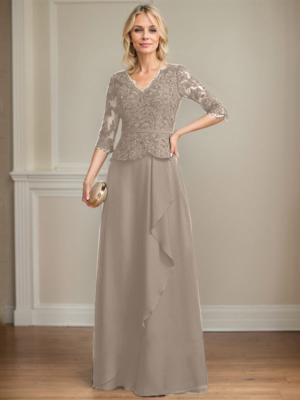 Vestido de madre de la novia de gasa con encaje, escote en V, largo hasta el suelo, con volantes en cascada y lentejuelas