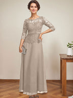Vestido de gasa con encaje y escote en A, ilusión, largo hasta los tobillos, para madre de la novia con cuentas de diamantes de imitación