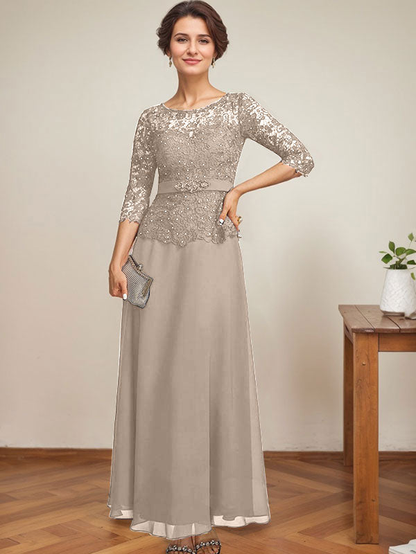 Vestido de gasa con encaje y escote en A, ilusión, largo hasta los tobillos, para madre de la novia con cuentas de diamantes de imitación