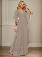 Vestido de gasa para madre de la novia, corte A, escote en V, largo hasta el suelo, con apliques de lentejuelas, encaje y abalorios