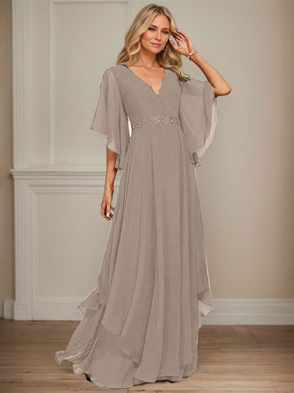 Vestido de gasa para madre de la novia, corte A, escote en V, largo hasta el suelo, con apliques de lentejuelas, encaje y abalorios