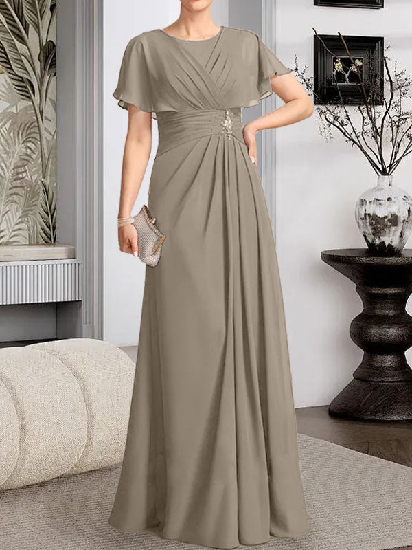 Vestido de gasa para madre de la novia con corte en A, escote redondo y largo hasta el suelo, con cuentas plisadas