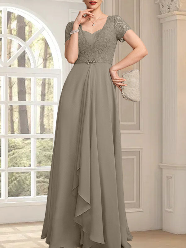 Vestido de madre de la novia de gasa con encaje, corte en A, escote corazón, largo hasta el suelo, con volantes en cascada y cuentas