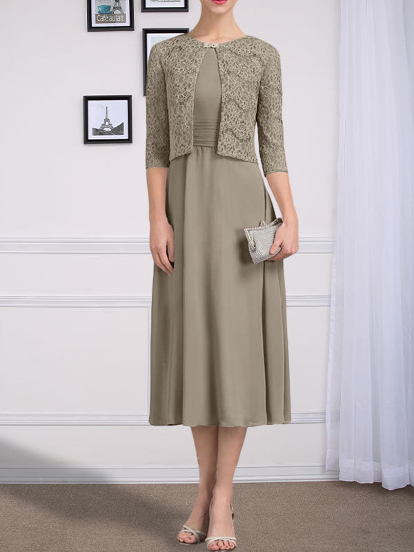 Vestido de gasa para madre de la novia con corte en A, escote redondo y largo hasta la rodilla con pliegues