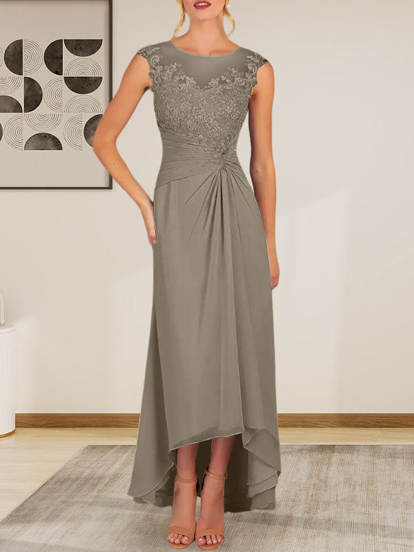 Vestido de gasa con encaje y escote redondo en forma de A color champán