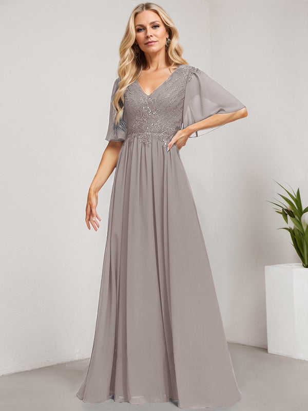 Vestido de madre de la novia de gasa con encaje, escote en V y lentejuelas, largo hasta el suelo