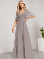Vestido de madre de la novia de gasa con encaje, escote en V y lentejuelas, largo hasta el suelo
