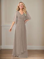 A-Linie V-Ausschnitt Lange Pailletten Chiffon Mutterkleid